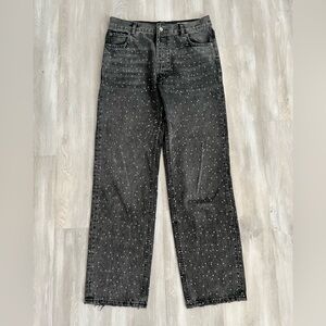 Zara mid waist rhinestone studded straight leg dark gray denim jeans